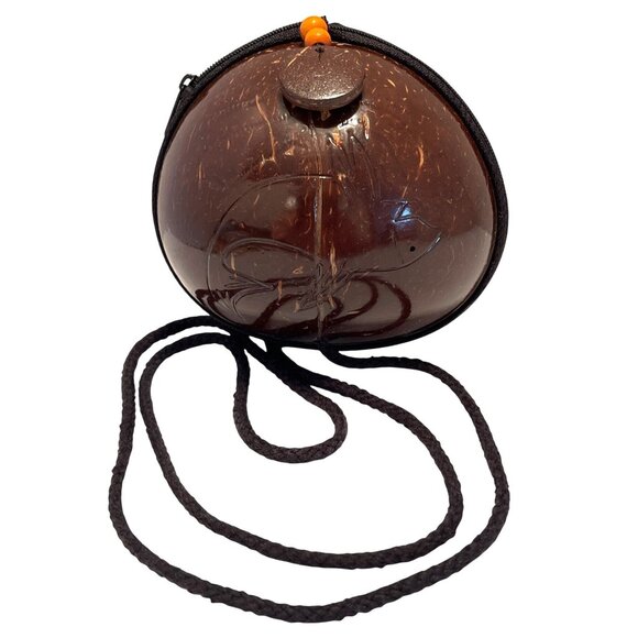 Shoulder Clutch Purse Brown Coconut Shell Carved Fish Zipper Close Lined Vintage - Picture 2 of 10